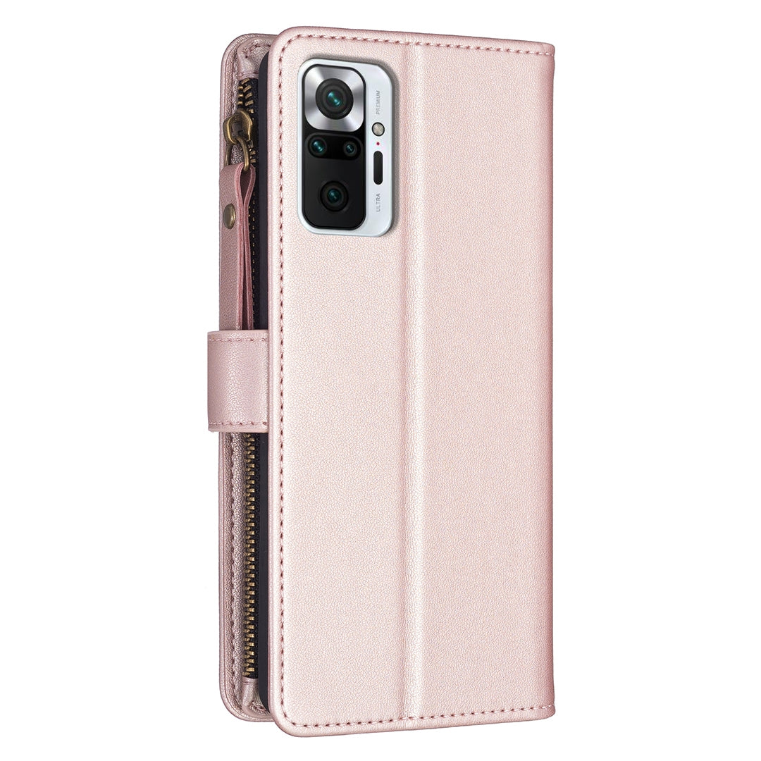 Xiaomi Redmi Note 10 Pro Leather Flip Phone Case with 9 Card Slots, Zipper Wallet & Detachable Wristlet Strap