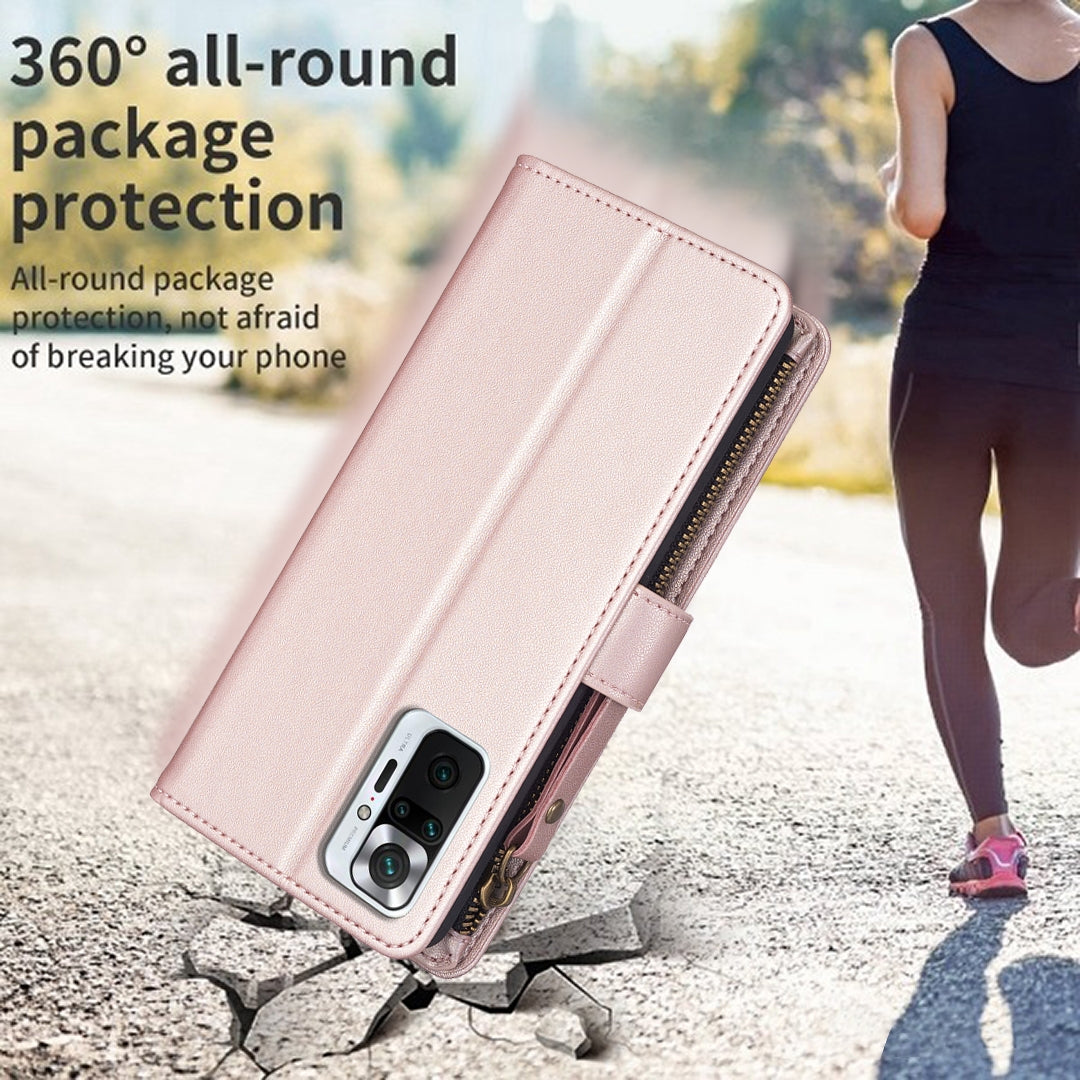 Xiaomi Redmi Note 10 Pro Leather Flip Phone Case with 9 Card Slots, Zipper Wallet & Detachable Wristlet Strap
