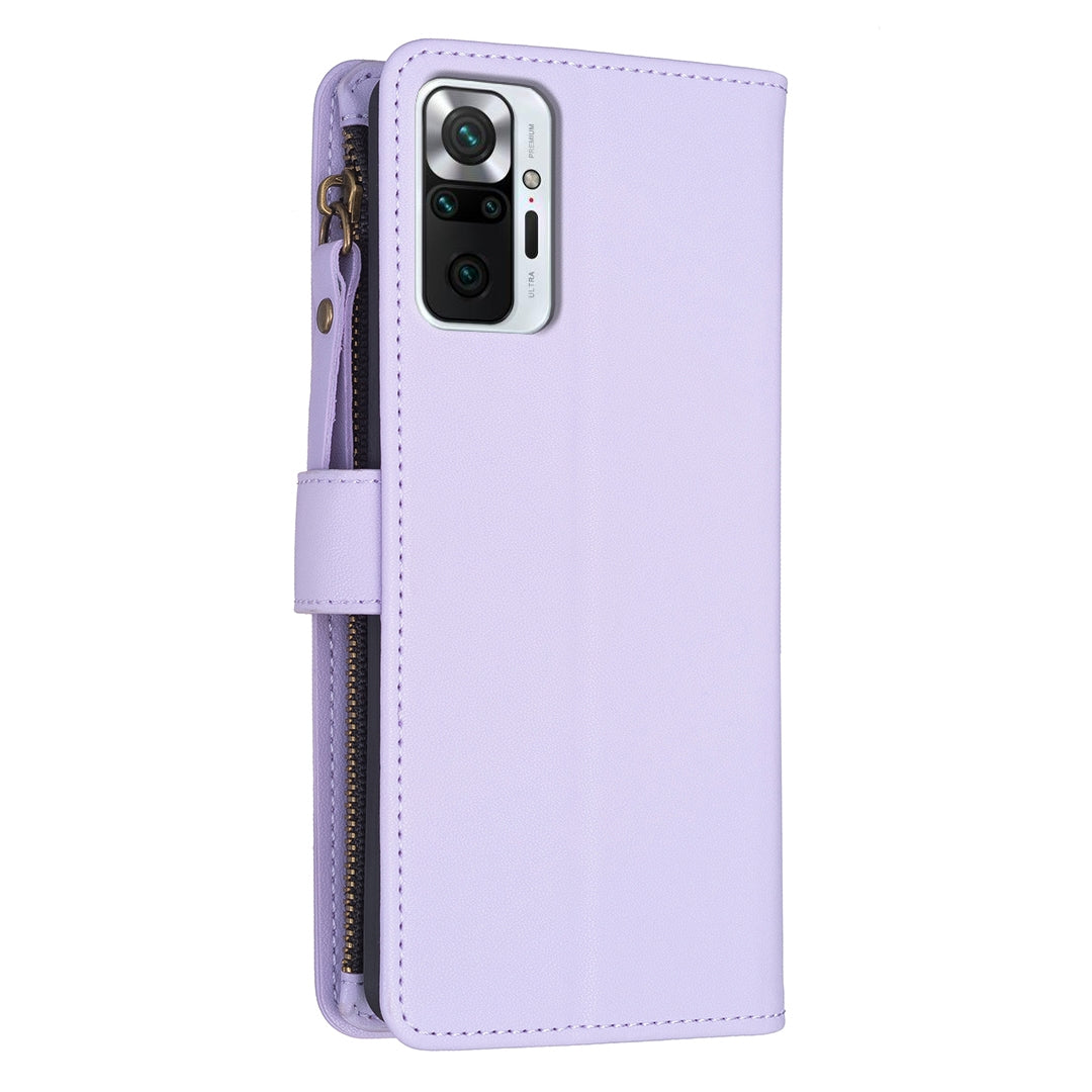 Xiaomi Redmi Note 10 Pro Leather Flip Phone Case with 9 Card Slots, Zipper Wallet & Detachable Wristlet Strap