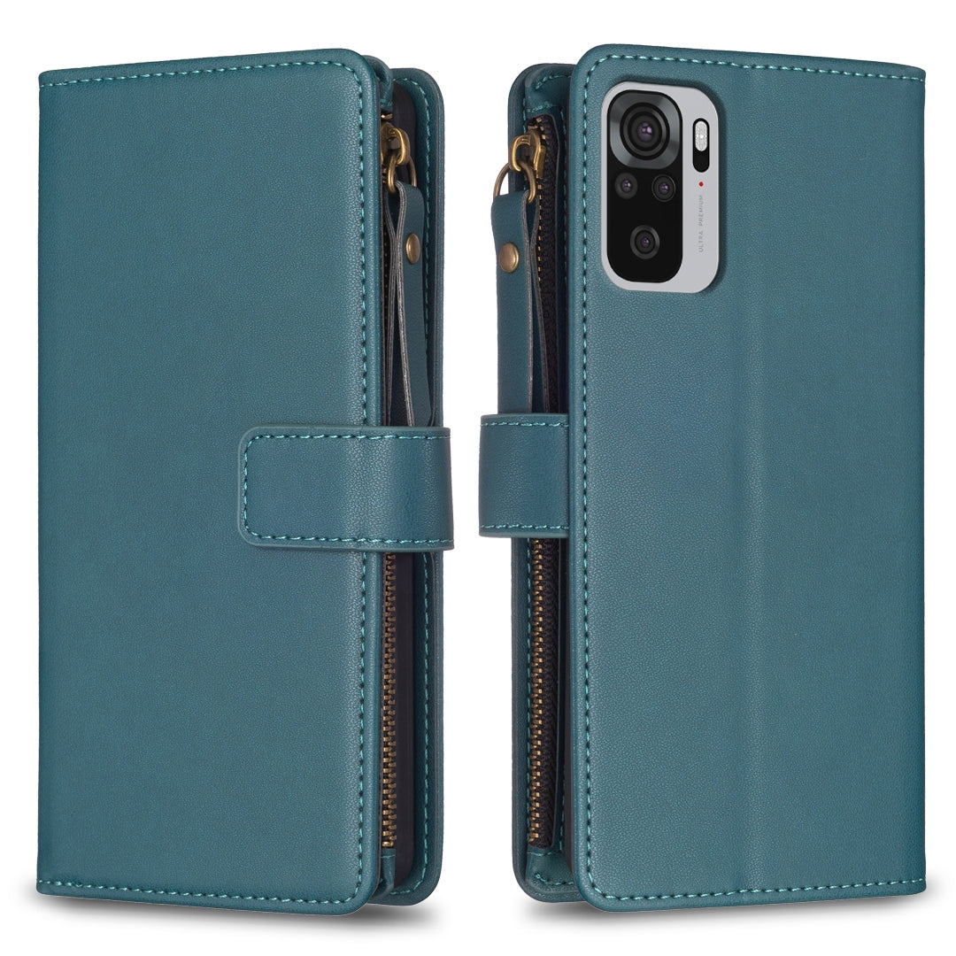 Xiaomi Redmi Note 10 Leather Flip Phone Case with 9 Card Slots, Zipper Wallet & Detachable Wristlet Strap