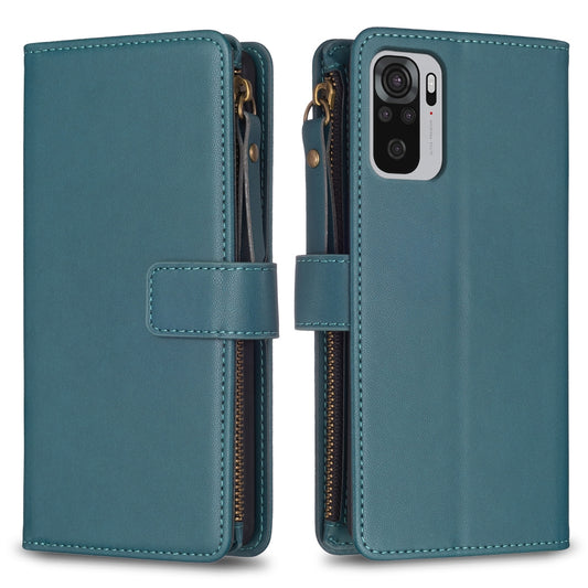 Xiaomi Redmi Note 10 Leather Flip Phone Case with 9 Card Slots, Zipper Wallet & Detachable Wristlet Strap