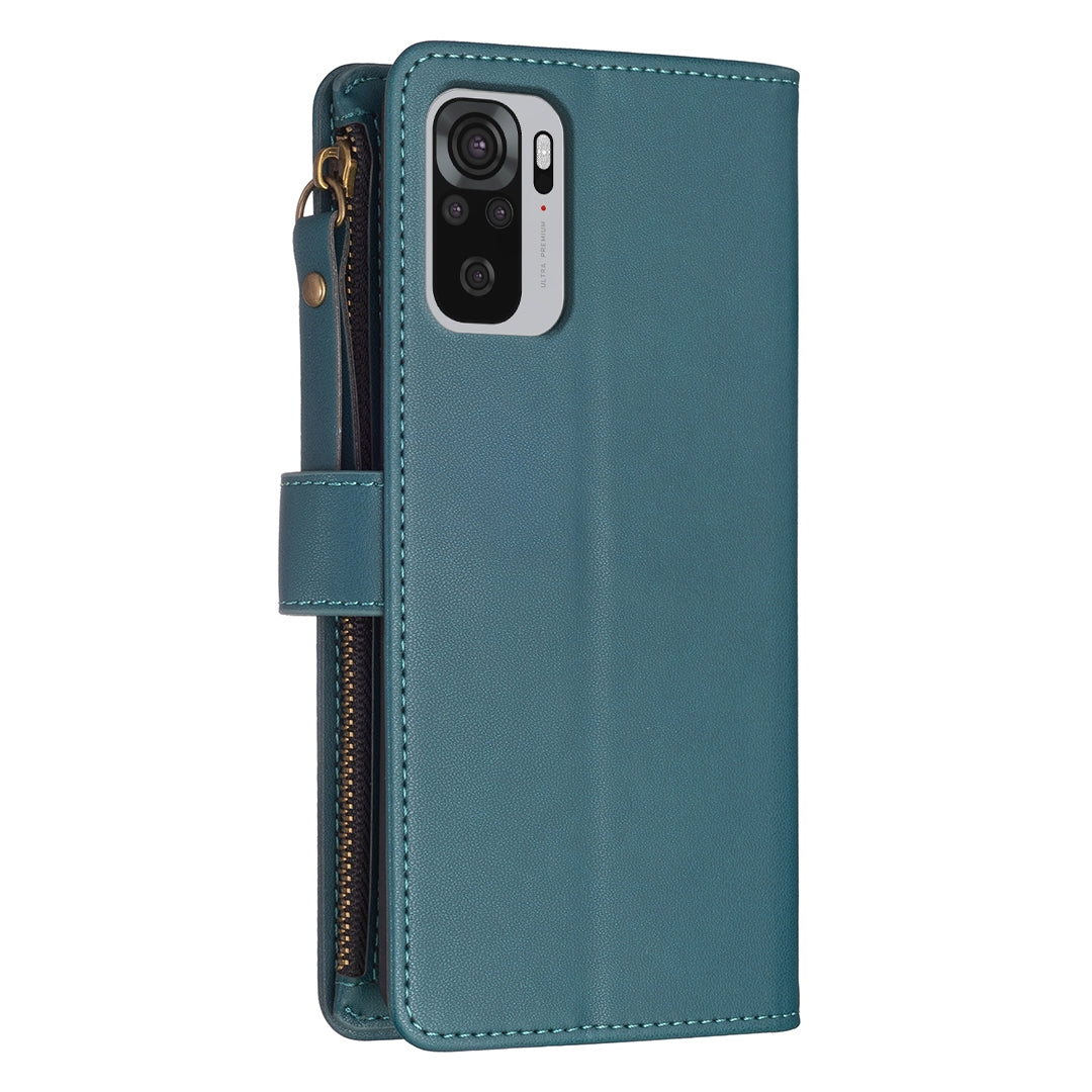 Xiaomi Redmi Note 10 Leather Flip Phone Case with 9 Card Slots, Zipper Wallet & Detachable Wristlet Strap
