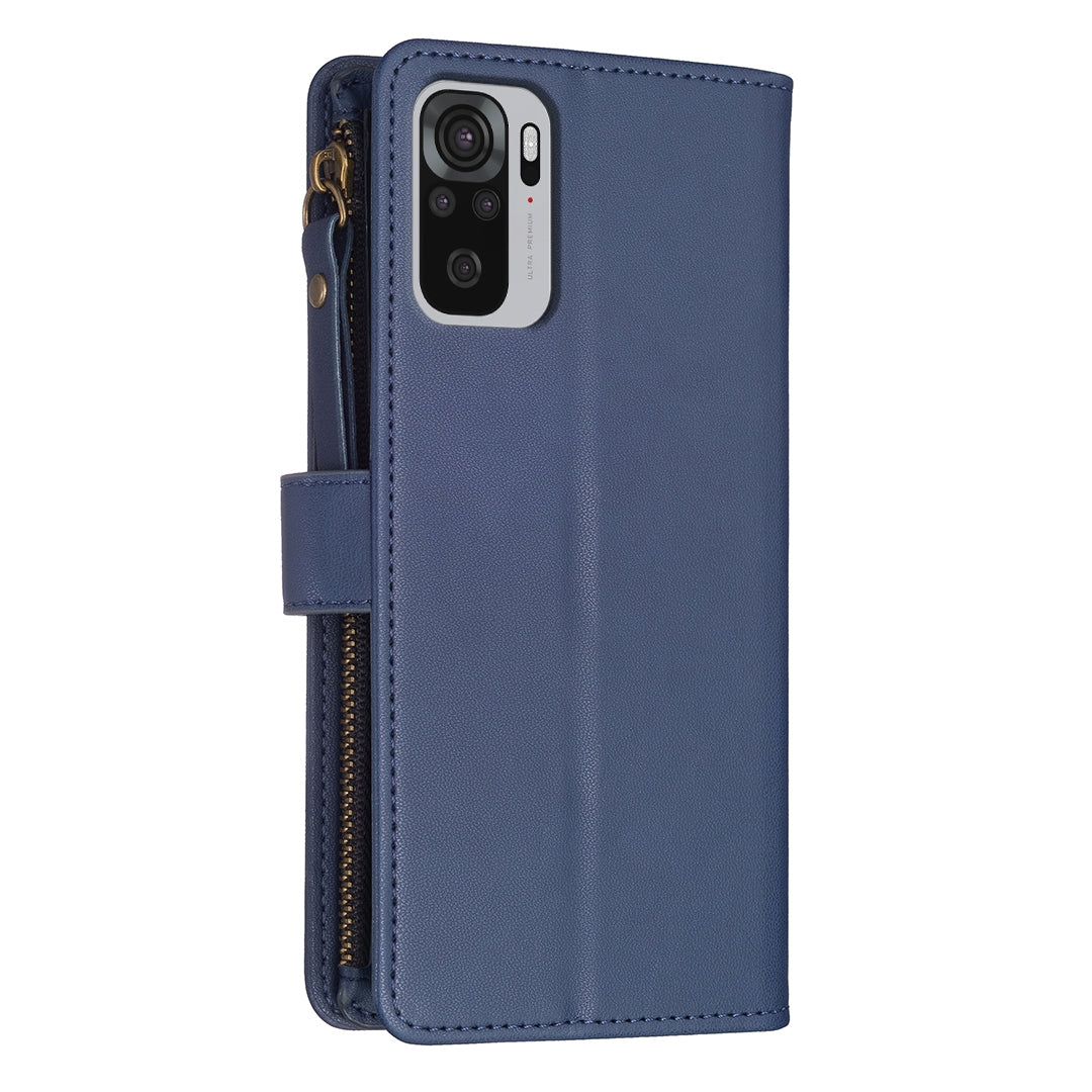 Xiaomi Redmi Note 10 Leather Flip Phone Case with 9 Card Slots, Zipper Wallet & Detachable Wristlet Strap