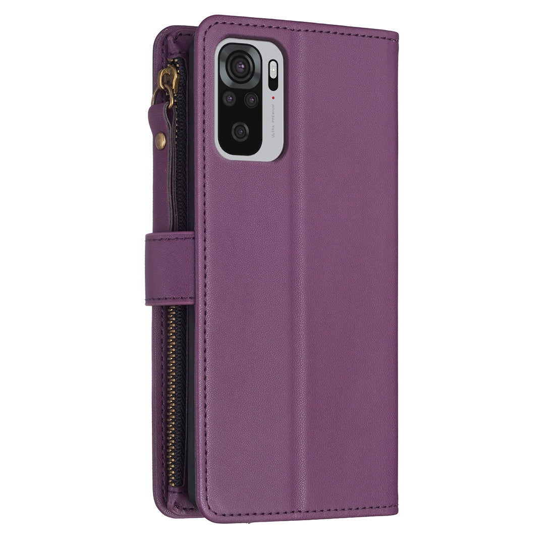 Xiaomi Redmi Note 10 Leather Flip Phone Case with 9 Card Slots, Zipper Wallet & Detachable Wristlet Strap