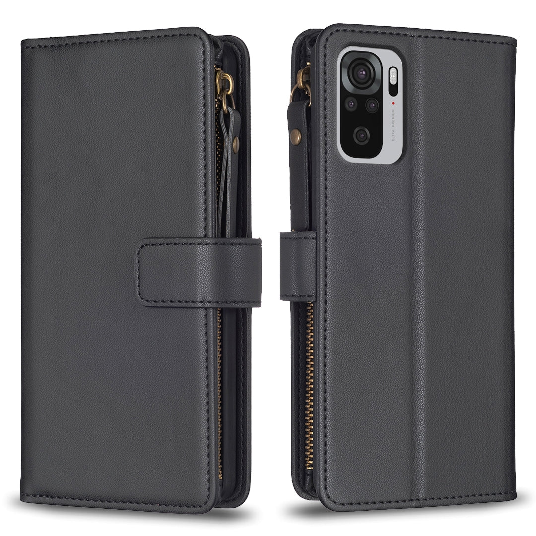 Xiaomi Redmi Note 10 Leather Flip Phone Case with 9 Card Slots, Zipper Wallet & Detachable Wristlet Strap