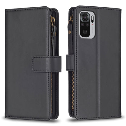 Xiaomi Redmi Note 10 Leather Flip Phone Case with 9 Card Slots, Zipper Wallet & Detachable Wristlet Strap