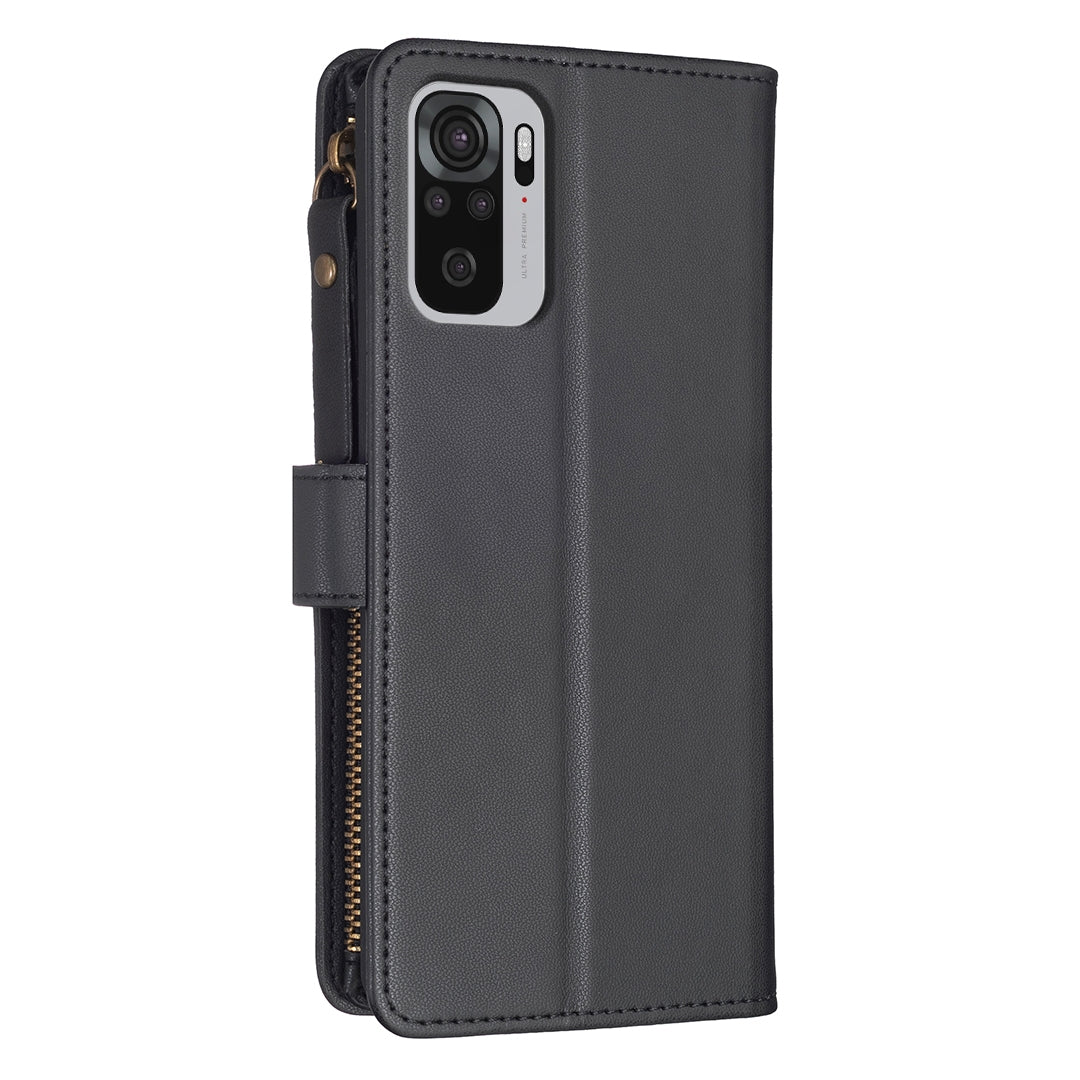 Xiaomi Redmi Note 10 Leather Flip Phone Case with 9 Card Slots, Zipper Wallet & Detachable Wristlet Strap