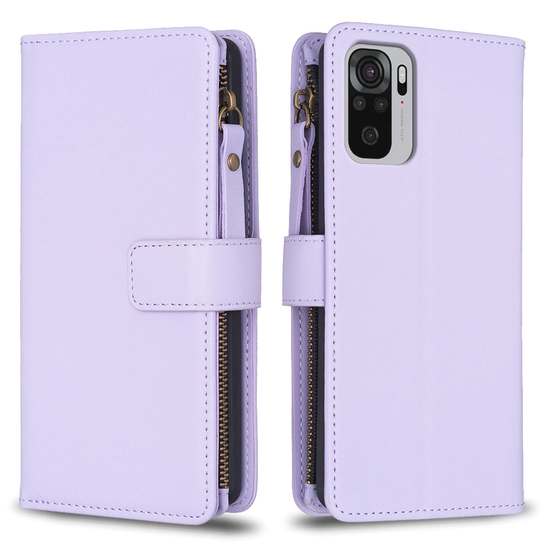 Xiaomi Redmi Note 10 Leather Flip Phone Case with 9 Card Slots, Zipper Wallet & Detachable Wristlet Strap