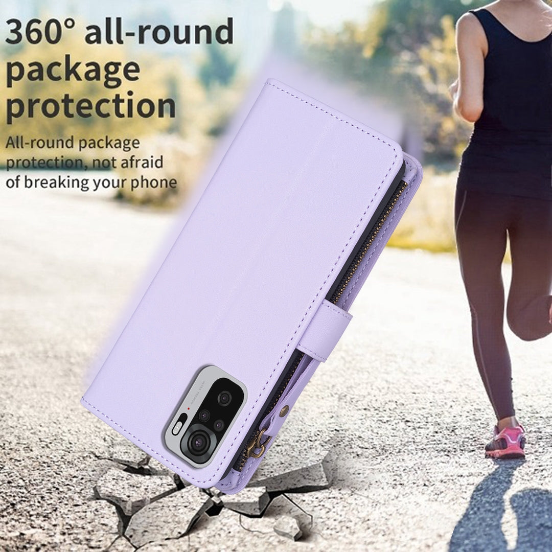 Xiaomi Redmi Note 10 Leather Flip Phone Case with 9 Card Slots, Zipper Wallet & Detachable Wristlet Strap