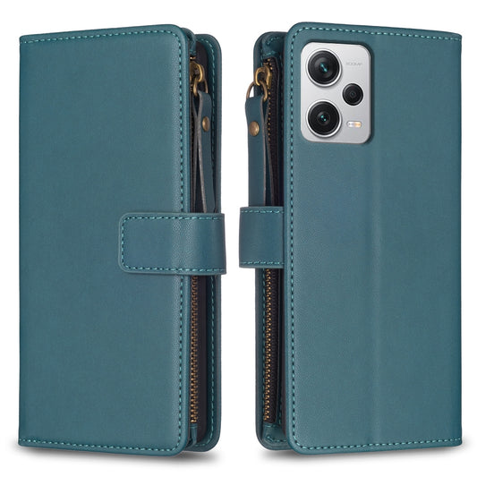 Xiaomi Redmi Note 12 Pro+ 5G Global Leather Flip Phone Case with 9 Card Slots, Zipper Wallet & Detachable Wristlet Strap