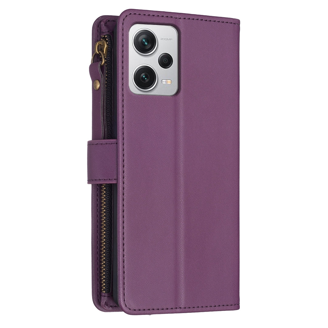 Xiaomi Redmi Note 12 Pro+ 5G Global Leather Flip Phone Case with 9 Card Slots, Zipper Wallet & Detachable Wristlet Strap