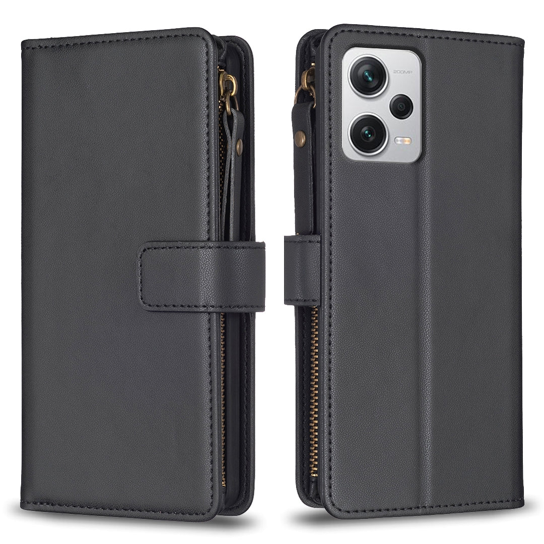 Xiaomi Redmi Note 12 Pro+ 5G Global Leather Flip Phone Case with 9 Card Slots, Zipper Wallet & Detachable Wristlet Strap