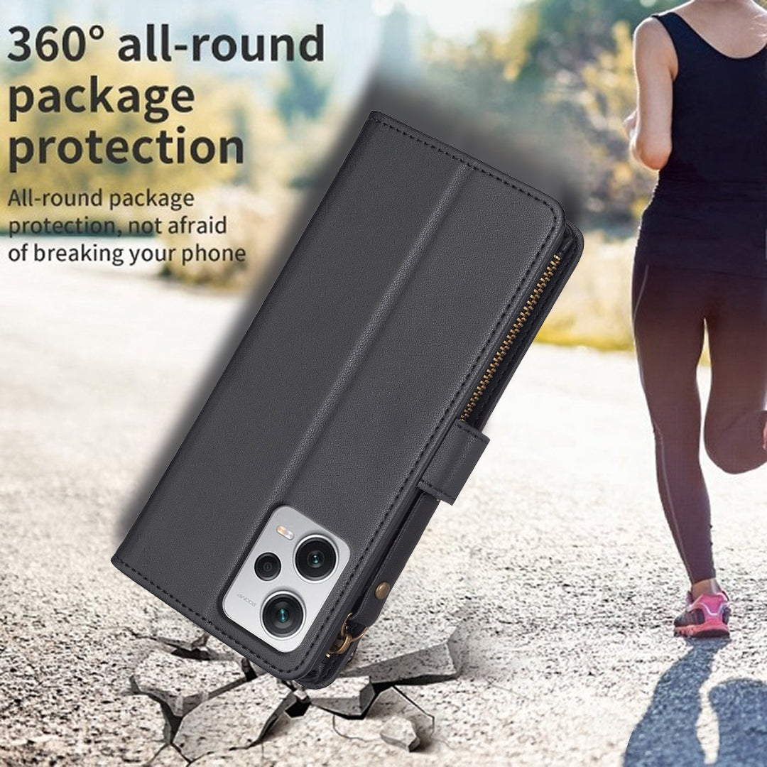 Xiaomi Redmi Note 12 Pro+ 5G Global Leather Flip Phone Case with 9 Card Slots, Zipper Wallet & Detachable Wristlet Strap
