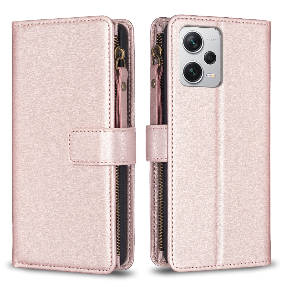 Xiaomi Redmi Note 12 Pro+ 5G Global Leather Flip Phone Case with 9 Card Slots, Zipper Wallet & Detachable Wristlet Strap