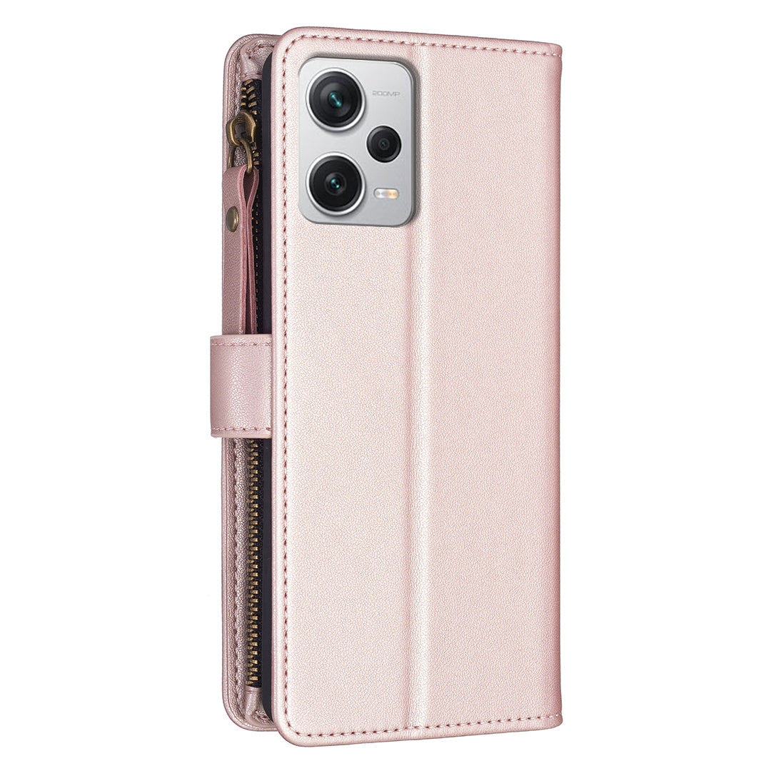 Xiaomi Redmi Note 12 Pro+ 5G Global Leather Flip Phone Case with 9 Card Slots, Zipper Wallet & Detachable Wristlet Strap