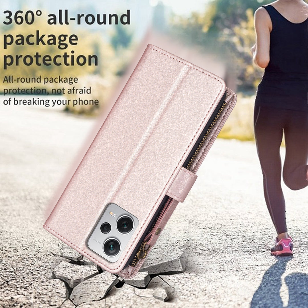 Xiaomi Redmi Note 12 Pro+ 5G Global Leather Flip Phone Case with 9 Card Slots, Zipper Wallet & Detachable Wristlet Strap