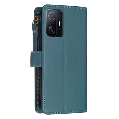 Xiaomi Mi 11T Leather Flip Phone Case with 9 Card Slots, Zipper Wallet & Detachable Wristlet Strap
