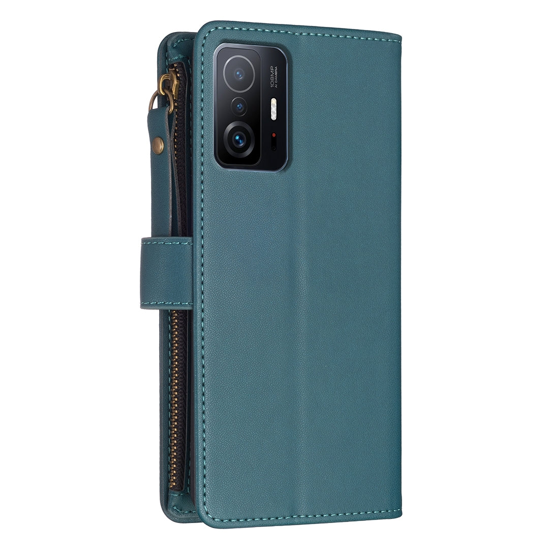 Xiaomi Mi 11T Pro Leather Flip Phone Case with 9 Card Slots, Zipper Wallet & Detachable Wristlet Strap