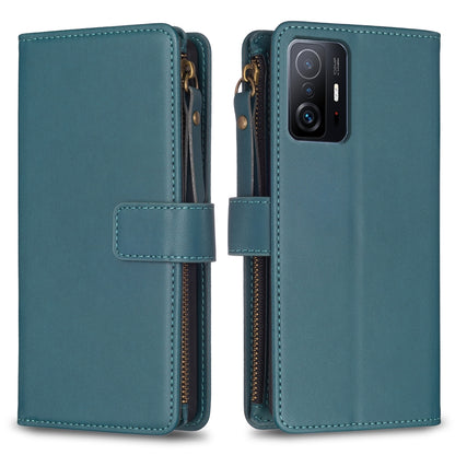 Xiaomi Mi 11T Pro Leather Flip Phone Case with 9 Card Slots, Zipper Wallet & Detachable Wristlet Strap