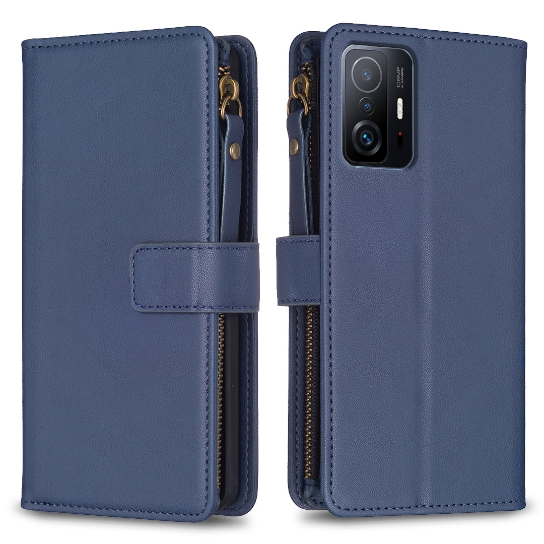 Xiaomi Mi 11T Leather Flip Phone Case with 9 Card Slots, Zipper Wallet & Detachable Wristlet Strap