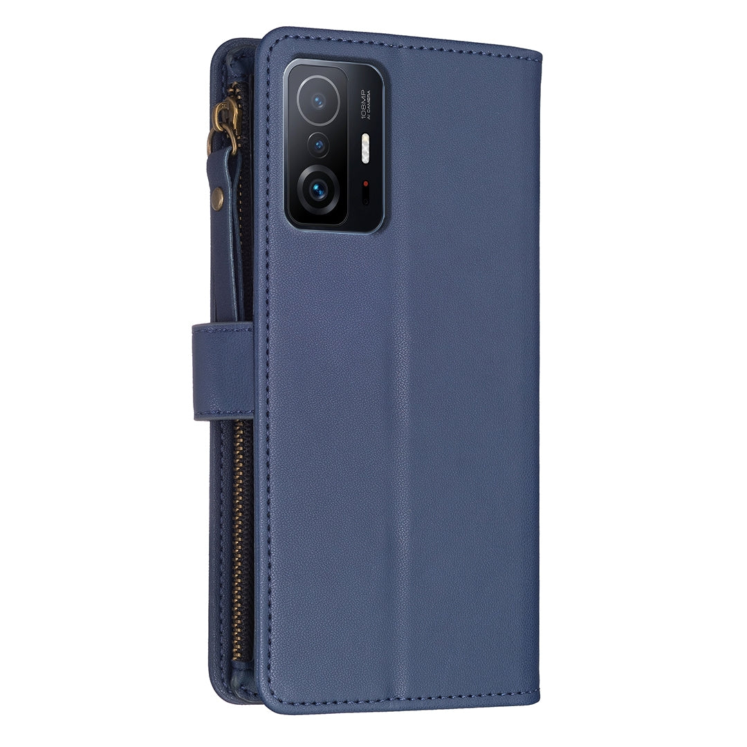 Xiaomi Mi 11T Leather Flip Phone Case with 9 Card Slots, Zipper Wallet & Detachable Wristlet Strap