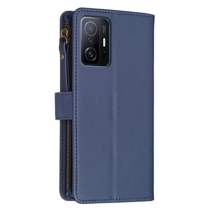 Xiaomi Mi 11T Leather Flip Phone Case with 9 Card Slots, Zipper Wallet & Detachable Wristlet Strap