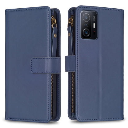 Xiaomi Mi 11T Pro Leather Flip Phone Case with 9 Card Slots, Zipper Wallet & Detachable Wristlet Strap