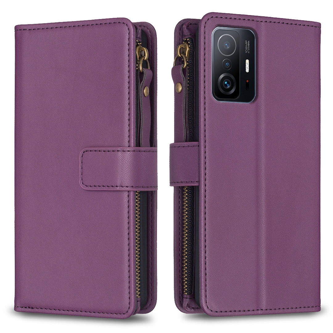 Xiaomi Mi 11T Leather Flip Phone Case with 9 Card Slots, Zipper Wallet & Detachable Wristlet Strap