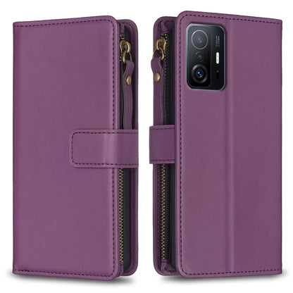 Xiaomi Mi 11T Leather Flip Phone Case with 9 Card Slots, Zipper Wallet & Detachable Wristlet Strap