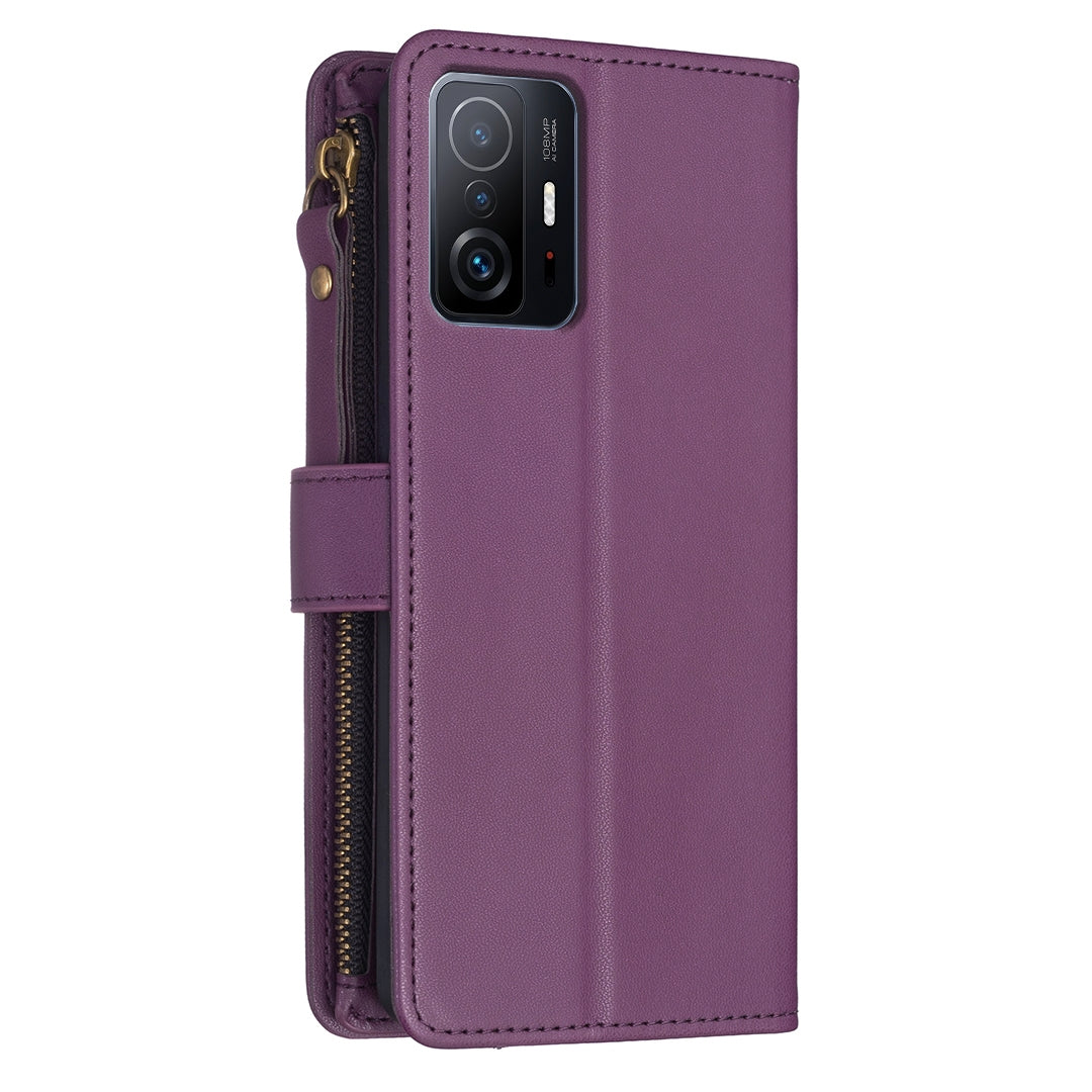 Xiaomi Mi 11T Pro Leather Flip Phone Case with 9 Card Slots, Zipper Wallet & Detachable Wristlet Strap