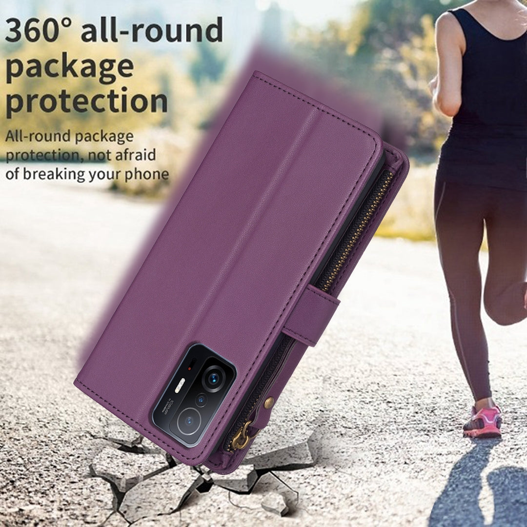 Xiaomi Mi 11T Leather Flip Phone Case with 9 Card Slots, Zipper Wallet & Detachable Wristlet Strap