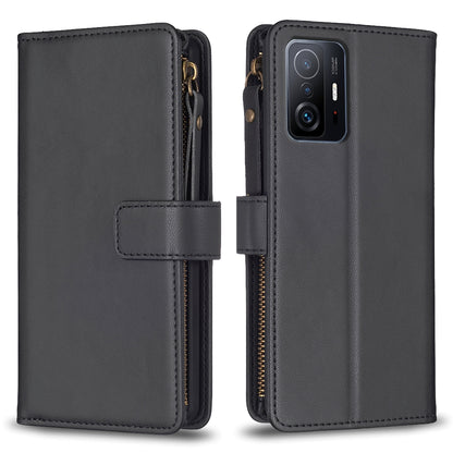Xiaomi Mi 11T Leather Flip Phone Case with 9 Card Slots, Zipper Wallet & Detachable Wristlet Strap