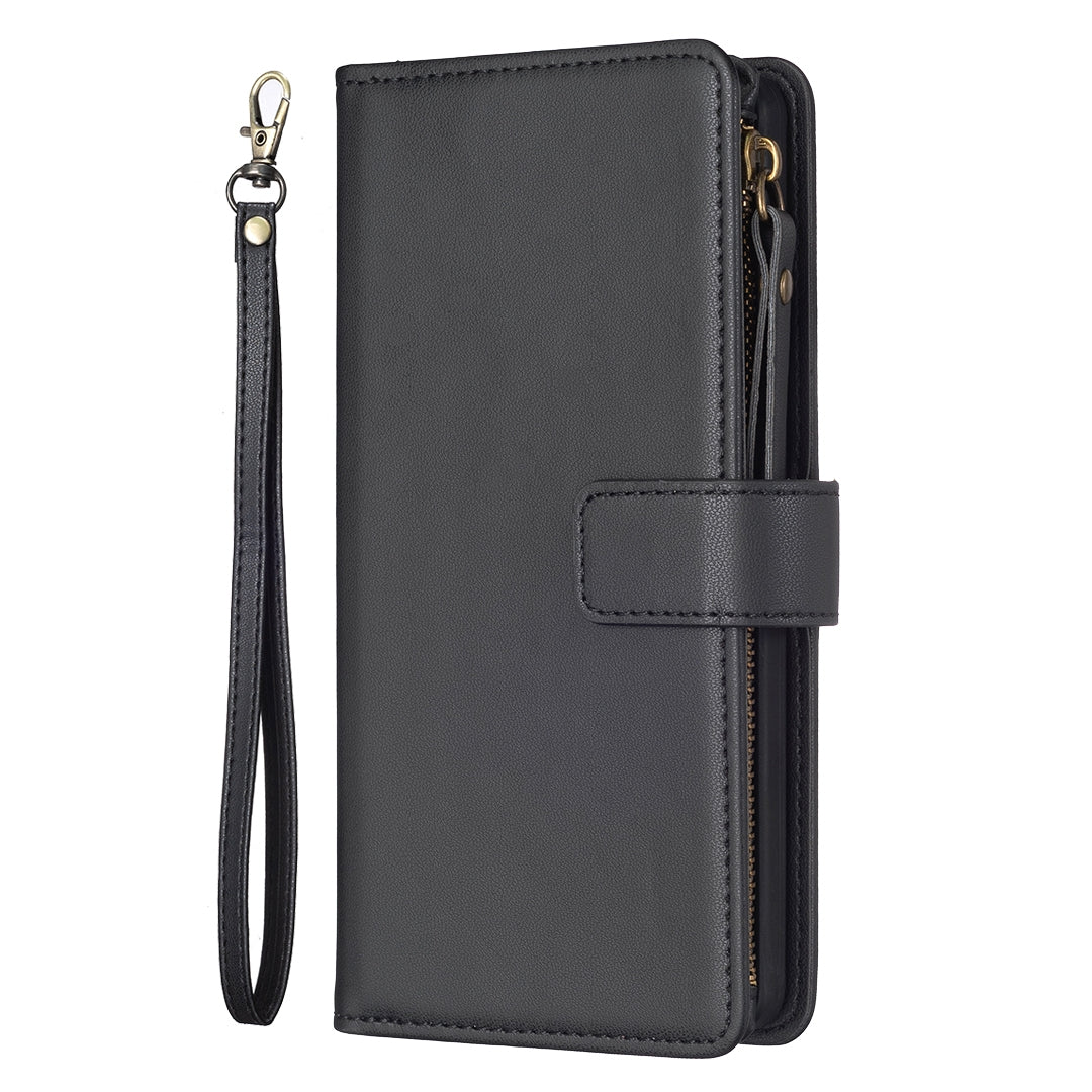 Xiaomi Mi 11T Leather Flip Phone Case with 9 Card Slots, Zipper Wallet & Detachable Wristlet Strap
