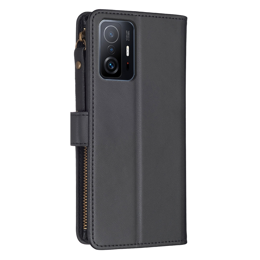 Xiaomi Mi 11T Leather Flip Phone Case with 9 Card Slots, Zipper Wallet & Detachable Wristlet Strap