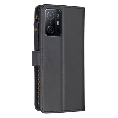 Xiaomi Mi 11T Leather Flip Phone Case with 9 Card Slots, Zipper Wallet & Detachable Wristlet Strap
