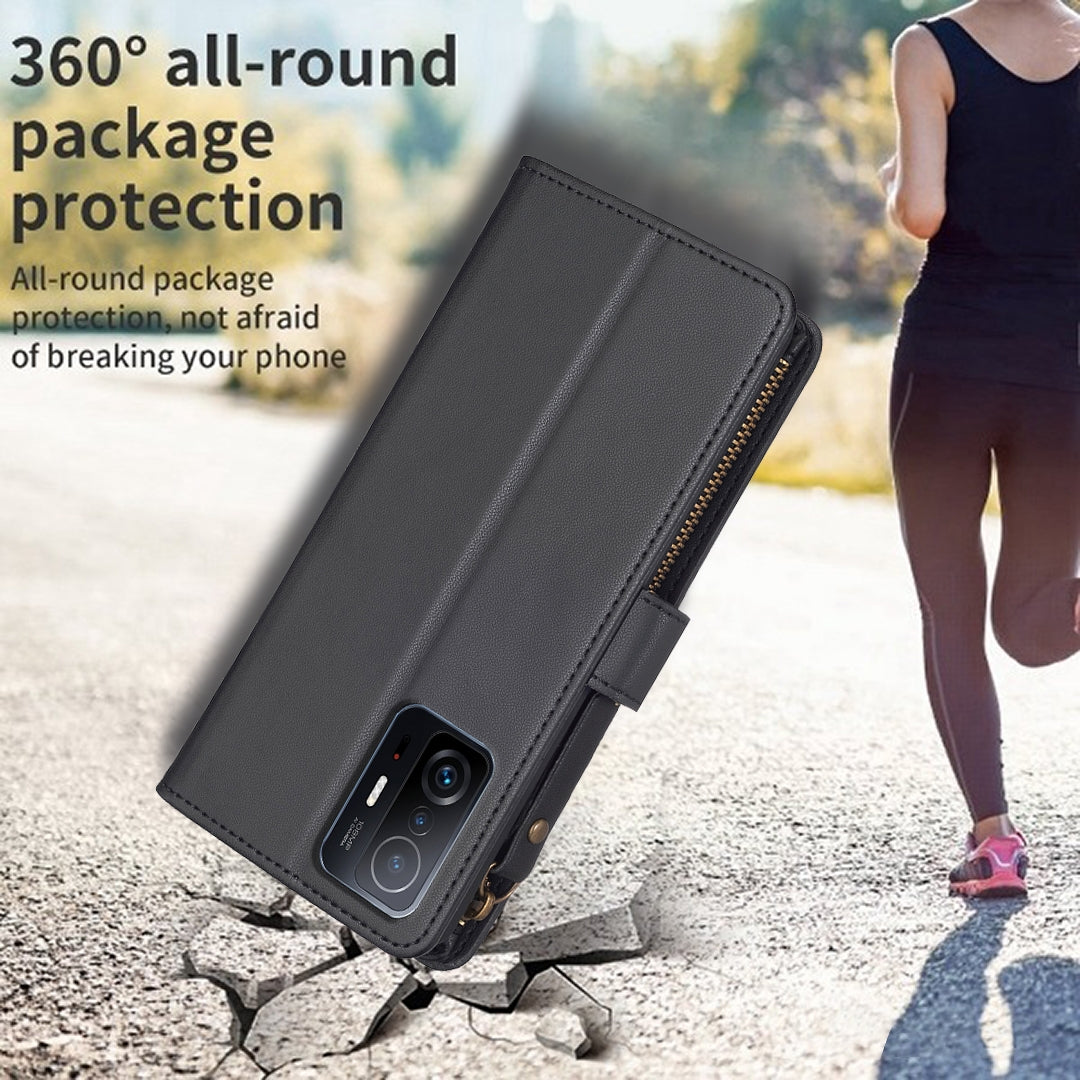 Xiaomi Mi 11T Pro Leather Flip Phone Case with 9 Card Slots, Zipper Wallet & Detachable Wristlet Strap