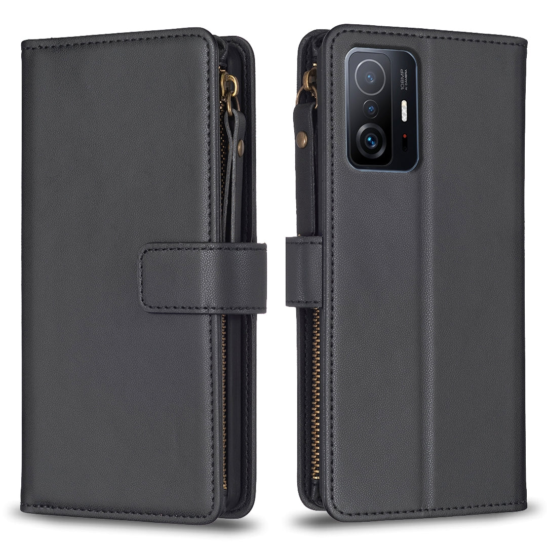 Xiaomi Mi 11T Pro Leather Flip Phone Case with 9 Card Slots, Zipper Wallet & Detachable Wristlet Strap