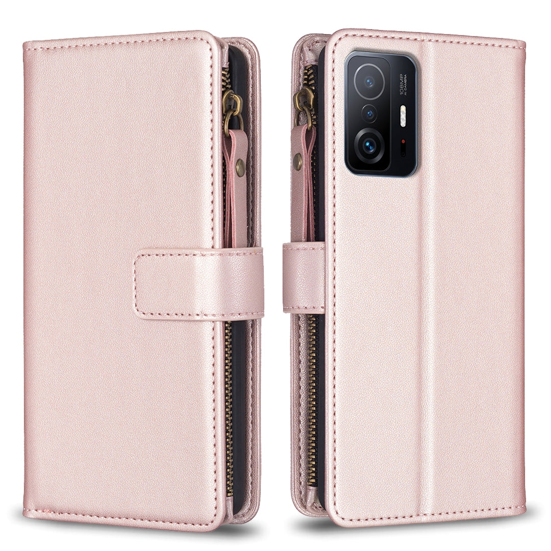 Xiaomi Mi 11T Pro Leather Flip Phone Case with 9 Card Slots, Zipper Wallet & Detachable Wristlet Strap