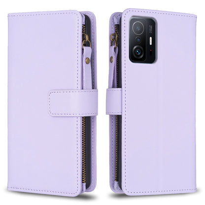 Xiaomi Mi 11T Leather Flip Phone Case with 9 Card Slots, Zipper Wallet & Detachable Wristlet Strap