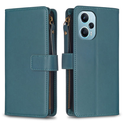 Xiaomi Poco F5 5G Leather Flip Phone Case with 9 Card Slots, Zipper Wallet & Detachable Wristlet Strap
