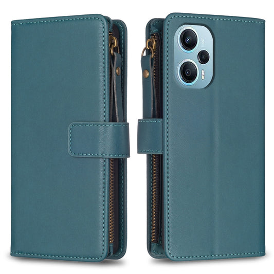 Xiaomi Poco F5 5G Leather Flip Phone Case with 9 Card Slots, Zipper Wallet & Detachable Wristlet Strap