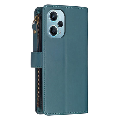 Xiaomi Poco F5 5G Leather Flip Phone Case with 9 Card Slots, Zipper Wallet & Detachable Wristlet Strap