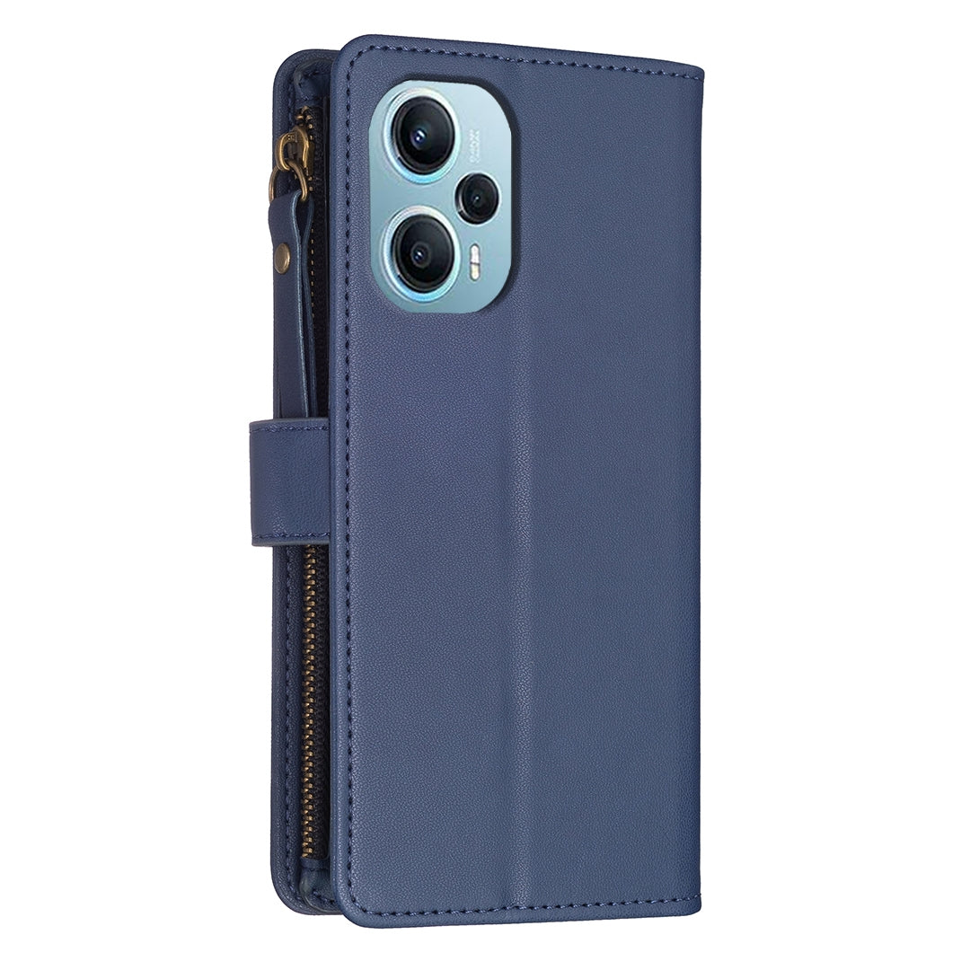 Xiaomi Poco F5 5G Leather Flip Phone Case with 9 Card Slots, Zipper Wallet & Detachable Wristlet Strap