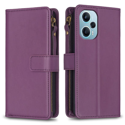 Xiaomi Poco F5 5G Leather Flip Phone Case with 9 Card Slots, Zipper Wallet & Detachable Wristlet Strap