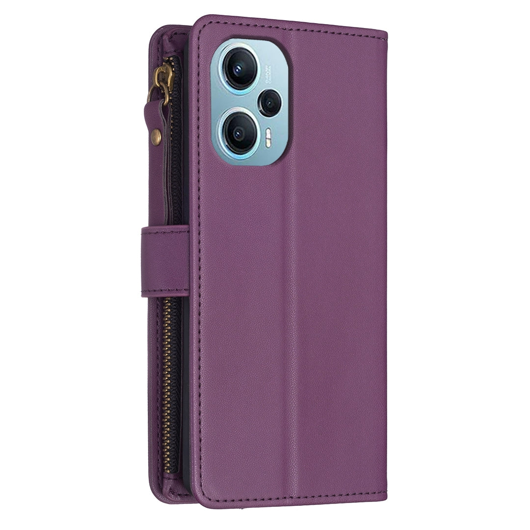 Xiaomi Poco F5 5G Leather Flip Phone Case with 9 Card Slots, Zipper Wallet & Detachable Wristlet Strap