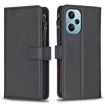 Xiaomi Poco F5 5G Leather Flip Phone Case with 9 Card Slots, Zipper Wallet & Detachable Wristlet Strap