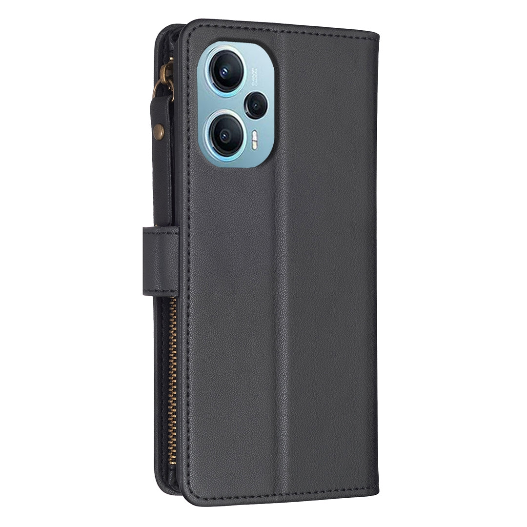 Xiaomi Poco F5 5G Leather Flip Phone Case with 9 Card Slots, Zipper Wallet & Detachable Wristlet Strap