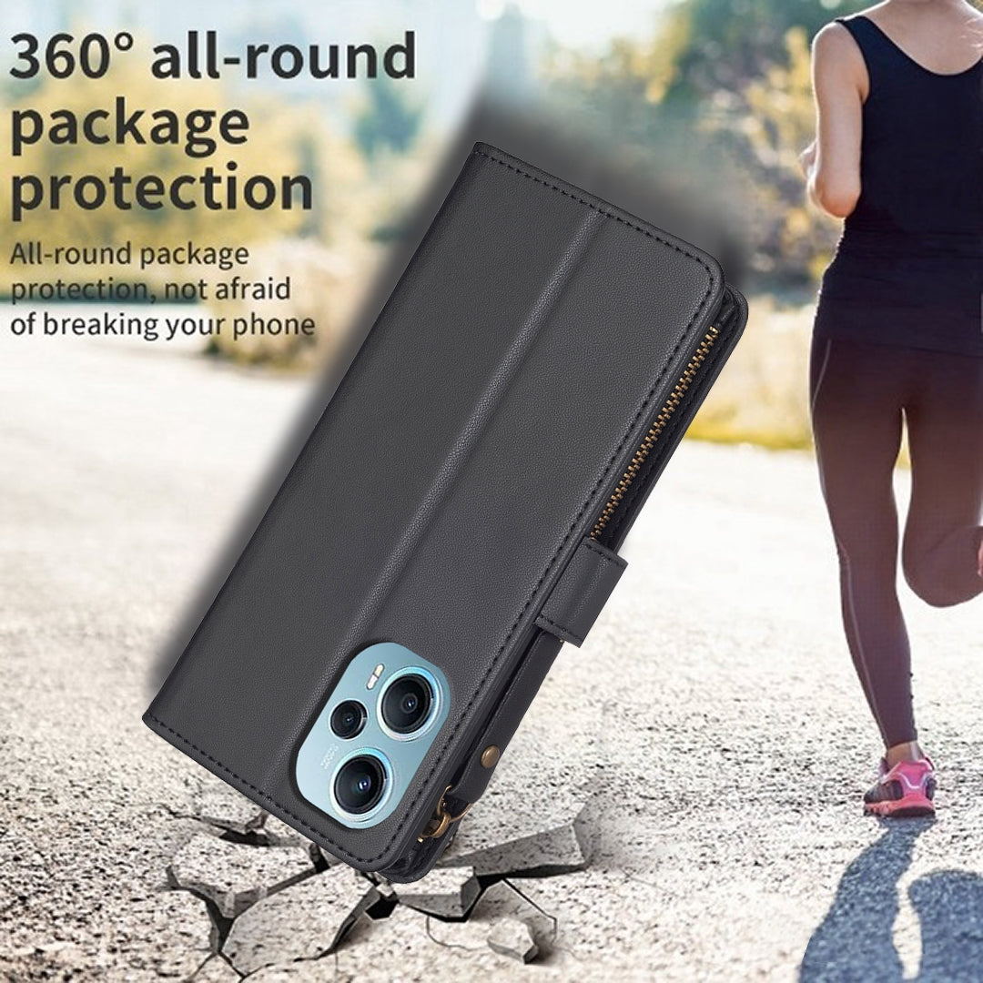 Xiaomi Poco F5 5G Leather Flip Phone Case with 9 Card Slots, Zipper Wallet & Detachable Wristlet Strap