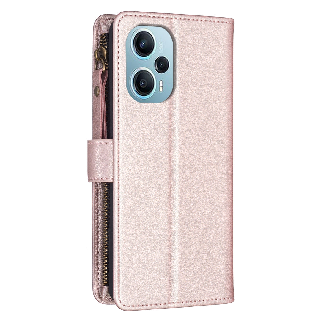 Xiaomi Poco F5 5G Leather Flip Phone Case with 9 Card Slots, Zipper Wallet & Detachable Wristlet Strap