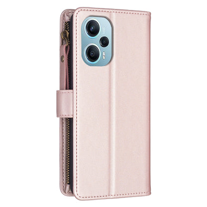Xiaomi Poco F5 5G Leather Flip Phone Case with 9 Card Slots, Zipper Wallet & Detachable Wristlet Strap